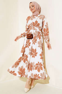Pazarium - Yaprak Desenli Mevlana Elbise Latte
