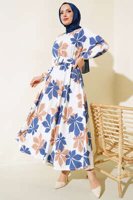 Pazarium - Yaprak Desenli Mevlana Elbise İndigo