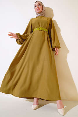 Pazarium - Kemerli Simli Elbise Yağ Yeşili