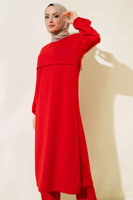 Yırtmaçlı Uzun İkili Takım Kırmızı - Thumbnail