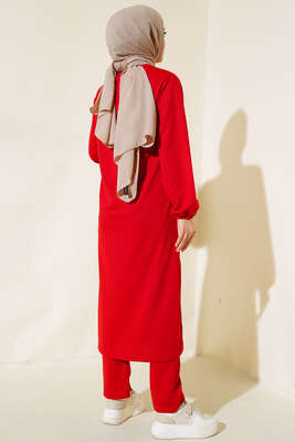 Yırtmaçlı Uzun İkili Takım Kırmızı - Thumbnail