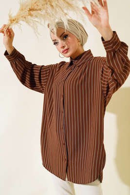 Pazarium - Dik Çizgili Salaş Gömlek Kahve