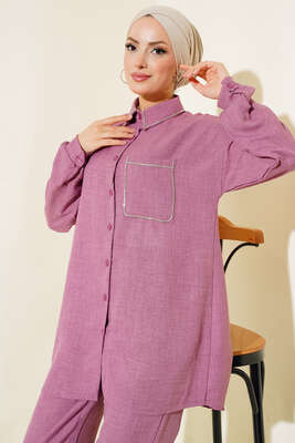 Yaka Ve Cep Taşlı Keten Takım Magenta - Thumbnail