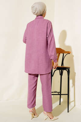 Yaka Ve Cep Taşlı Keten Takım Magenta - Thumbnail