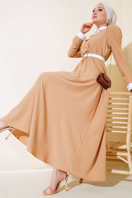 Pazarium - Gömlek Yakalı Elbise Latte