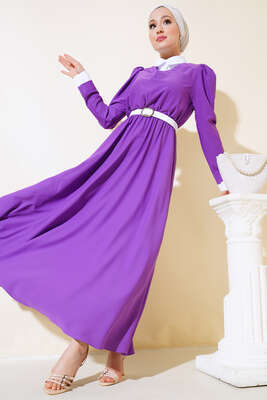 Pazarium - Gömlek Yakalı Elbise Mor