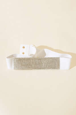 Pazarium - Taşlı Deri Tokalı Lastikli Kemer Beyaz