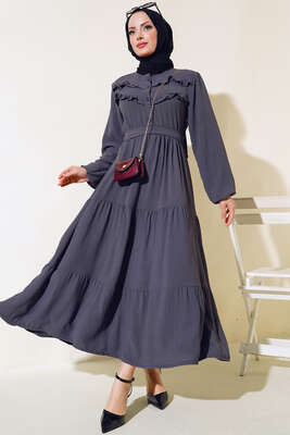 Önü Fırfırlı Kat Elbise Füme - Thumbnail