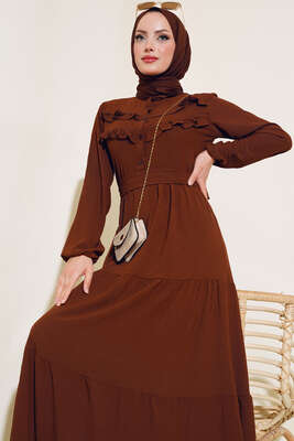 Önü Fırfırlı Kat Elbise Kahve - Thumbnail