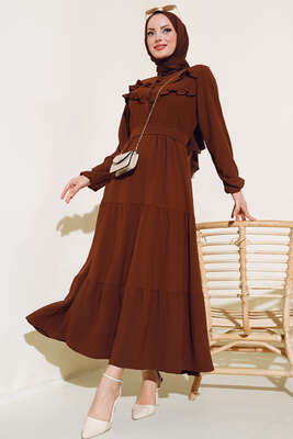 Önü Fırfırlı Kat Elbise Kahve - Thumbnail