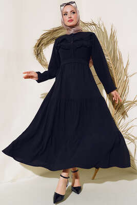 Önü Fırfırlı Kat Elbise Siyah - Thumbnail