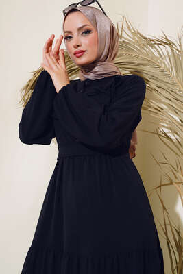 Önü Fırfırlı Kat Elbise Siyah - Thumbnail