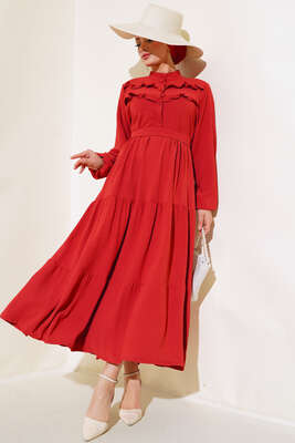 Önü Fırfırlı Kat Elbise Kiremit - Thumbnail