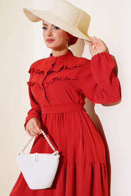 Önü Fırfırlı Kat Elbise Kiremit - Thumbnail