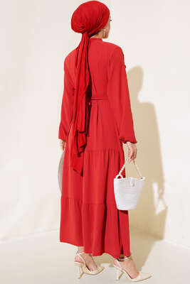 Önü Fırfırlı Kat Elbise Kiremit - Thumbnail