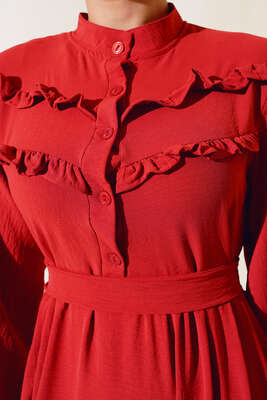 Önü Fırfırlı Kat Elbise Kiremit - Thumbnail