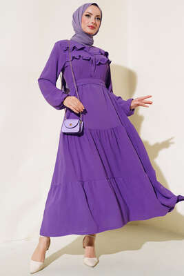 Önü Fırfırlı Kat Elbise Lila - Thumbnail