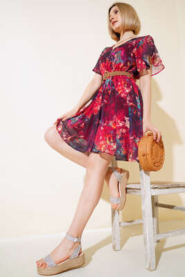 Ebru Desen Kemerli Midi Elbise Bordo - Thumbnail