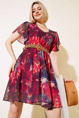 Ebru Desen Kemerli Midi Elbise Bordo - Thumbnail