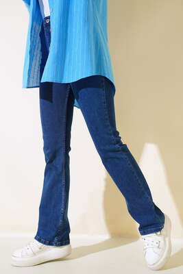 İspanyol Paça Yüksek Bel Koyu Kot Jean Pantolon - Thumbnail