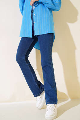 İspanyol Paça Yüksek Bel Koyu Kot Jean Pantolon - Thumbnail