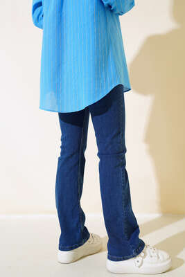 İspanyol Paça Yüksek Bel Koyu Kot Jean Pantolon - Thumbnail