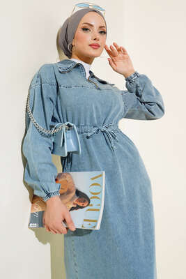 Yarım Fermuarlı Tünelli İp Bağlamalı Kot Elbise Kot Mavisi - Thumbnail