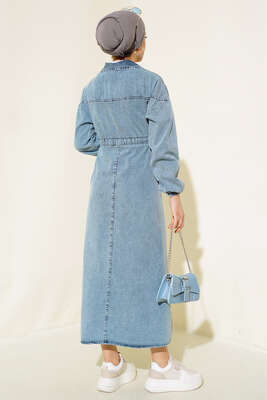 Yarım Fermuarlı Tünelli İp Bağlamalı Kot Elbise Kot Mavisi - Thumbnail