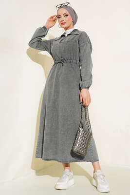 Yarım Fermuarlı Tünelli İp Bağlamalı Kot Elbise Gri - Thumbnail