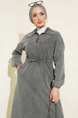 Yarım Fermuarlı Tünelli İp Bağlamalı Kot Elbise Gri - Thumbnail