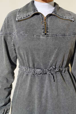 Yarım Fermuarlı Tünelli İp Bağlamalı Kot Elbise Gri - Thumbnail