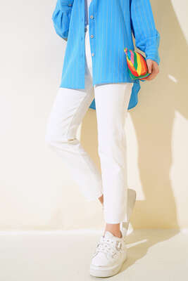 Yüksek Bel Boru Paça Kot Pantolon Beyaz - Thumbnail