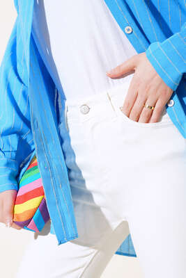 Yüksek Bel Boru Paça Kot Pantolon Beyaz - Thumbnail