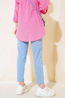 Mom Friend Düz Jean Pantolon Buz Mavisi - Thumbnail