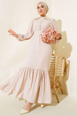 Pazarium - Güpürlü Bebe Yaka Elbise Bej