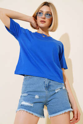 Pazarium - Bisiklet Yaka Basic T-shirt Saks 