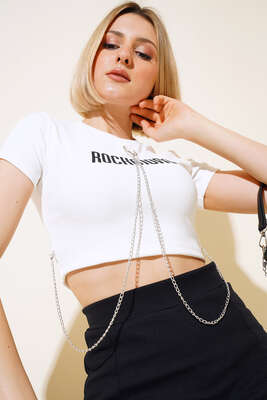 Pazarium - Zincir Detaylı Bluz Beyaz 