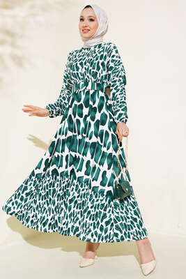 Pazarium - Desenli Kemerli Kırinkıl Elbise Zümrüt Yeşil