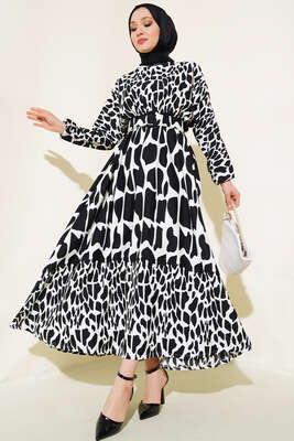 Pazarium - Desenli Kemerli Kırinkıl Elbise Siyah