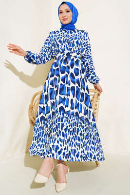 Pazarium - Desenli Kemerli Kırinkıl Elbise Saks