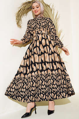 Desenli Kemerli Kırinkıl Elbise Bej - Thumbnail