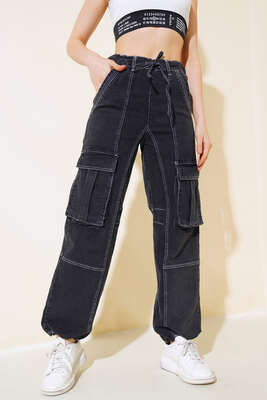 Beli İp Bağcıklı Kargo Cep Pantolon Füme - Thumbnail