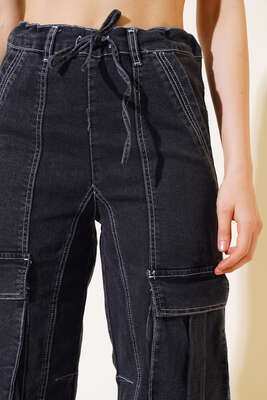 Beli İp Bağcıklı Kargo Cep Pantolon Füme - Thumbnail