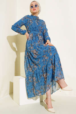 Pazarium - Çiçek Desenli Şifon Kat Elbise İndigo