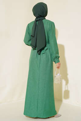 Önü Piliseli Keten Elbise Yeşil - Thumbnail