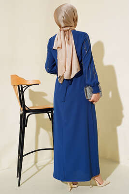 Kolu Taş Süslemeli Kuşaklı Elbise İndigo - Thumbnail