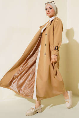 Pazarium - İçi Astarlı Kuşaklı Trençkot Camel