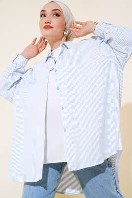 Çizgili Oversize Gömlek Beyaz Mavi - Thumbnail