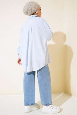 Çizgili Oversize Gömlek Beyaz Mavi - Thumbnail