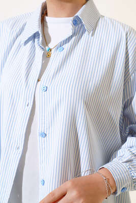 Çizgili Oversize Gömlek Beyaz Mavi - Thumbnail